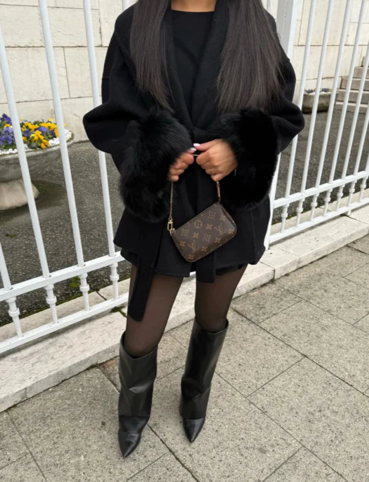 WOLLMANTEL MIT PELZ - SCHWARZ